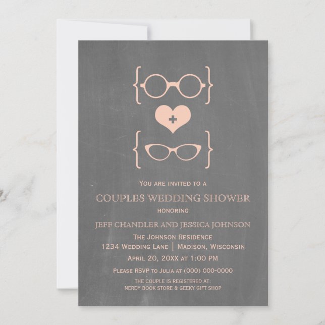 Chalkboard Gafas Geeky Parejas Ducha Invitación (Anverso)