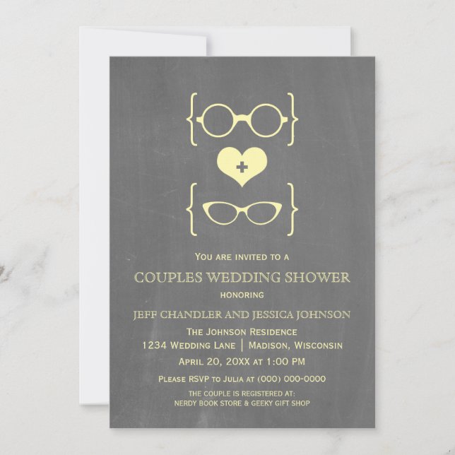 Chalkboard Gafas Geeky Parejas Ducha Invitación (Anverso)