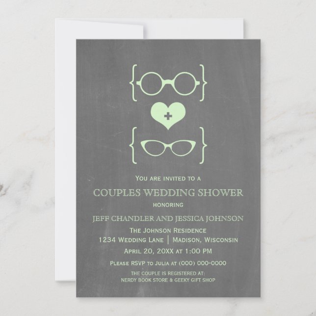 Chalkboard Gafas Geeky Parejas Ducha Invitación (Anverso)