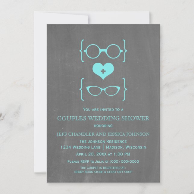 Chalkboard Gafas Geeky Parejas Ducha Invitación (Anverso)