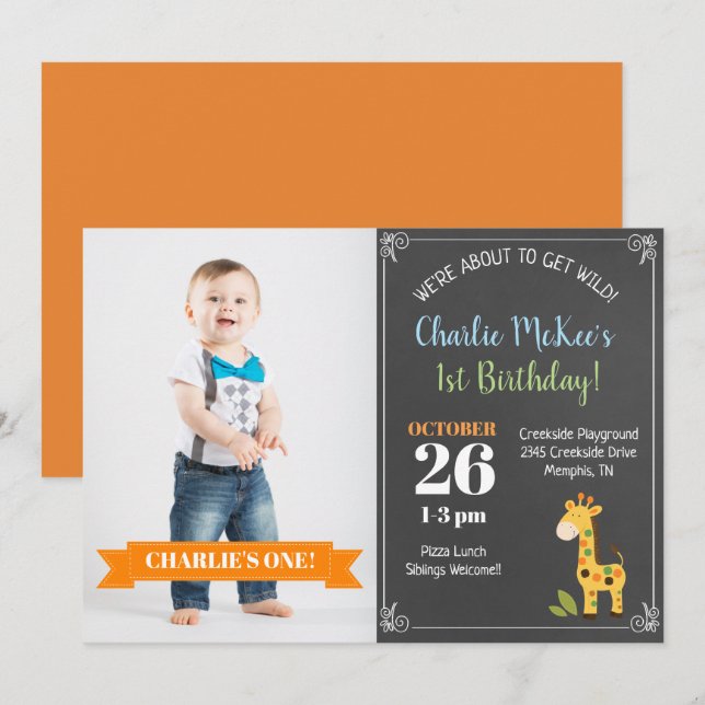 Chalkboard Giraffe Invitación a la foto de cumplea (Anverso / Reverso)