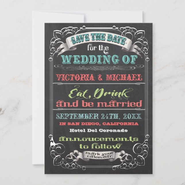 Chalkboard Guardar la fecha Invitaciones de boda (Anverso)