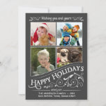 Chalkboard Happy Holidays Tarjeta plana de 4 fotos<br><div class="desc">Navidades del panel de la ventana de escarcha Tarjetas de felicitación planas de vacaciones con cuatro marcos de foto. Tablero de estilo retro divertido y festivo sobre el fondo negro-gris tradicional con elegantes rollos huecos y elegantes letras tipográficas tipográficas rústicas giratorias. Pulse en Personalizar () para ajustar el marco interior...</div>