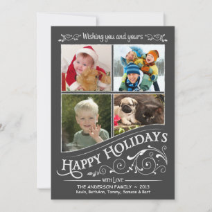 Chalkboard Happy Holidays Tarjeta plana de 4 fotos