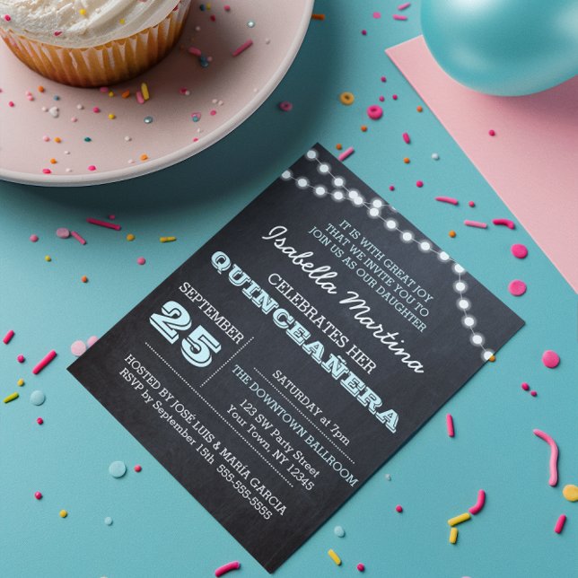 Chalkboard Ilumina Aqua Quinceañera Invitación (Subido por el creador)