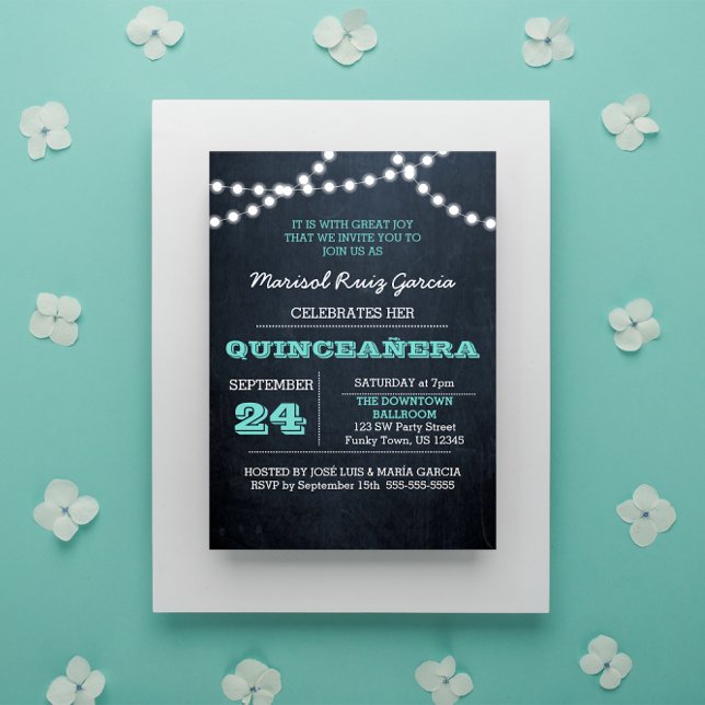Chalkboard Ilumina Invitación Verde azulada Quince (Subido por el creador)