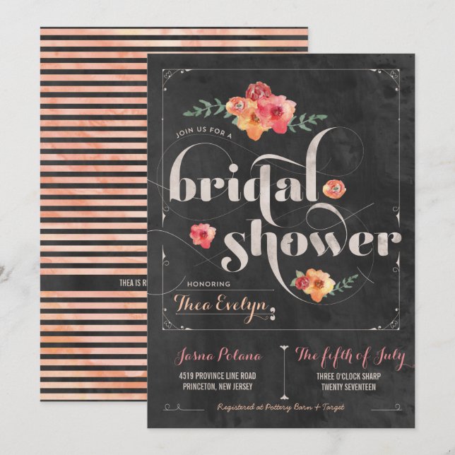 Chalkboard Invitación a ducha de novias con flores (Anverso / Reverso)