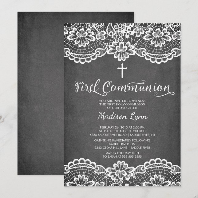 Chalkboard Lace Primera Invitación a la Santa Comu (Anverso / Reverso)