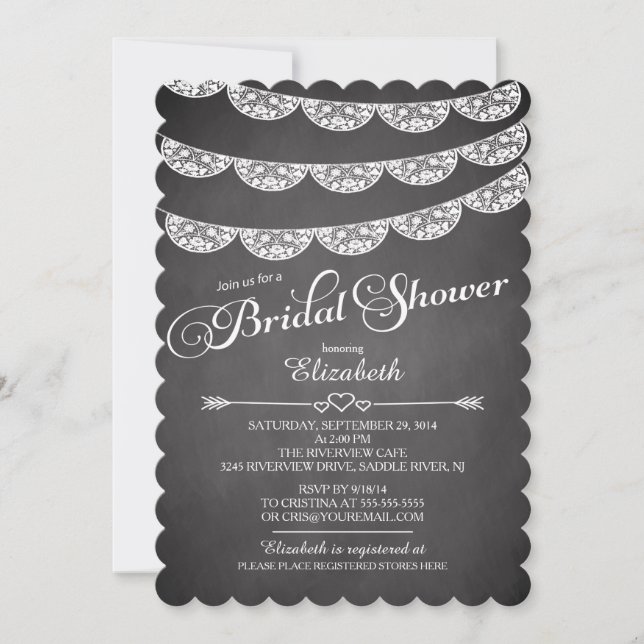 Chalkboard Lace & Wood Bridal Shower Invitación (Anverso)