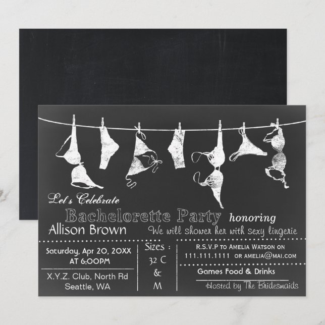 Chalkboard Lingerie Shower Bachelorette Invitación (Anverso / Reverso)