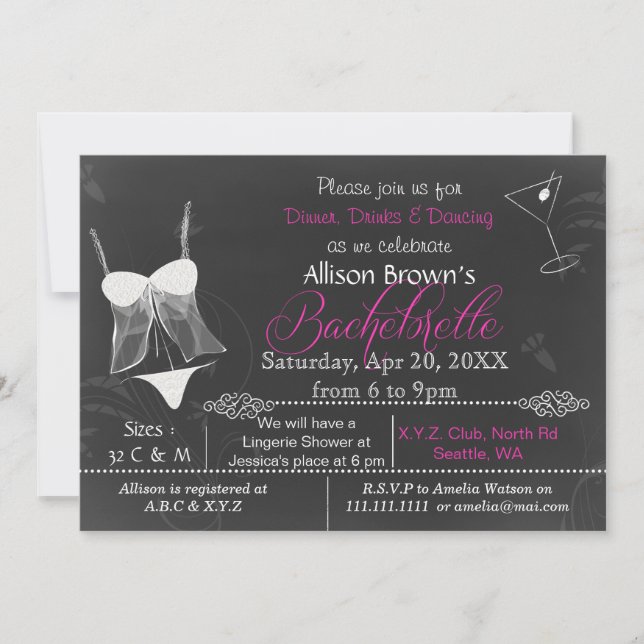 Chalkboard Lingerie Shower Bachelorette Invitación (Anverso)