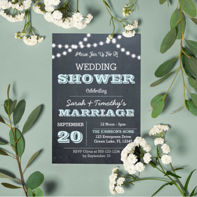 Chalkboard Luces Aqua Wedding Party Sm Invitación (Subido por el creador)
