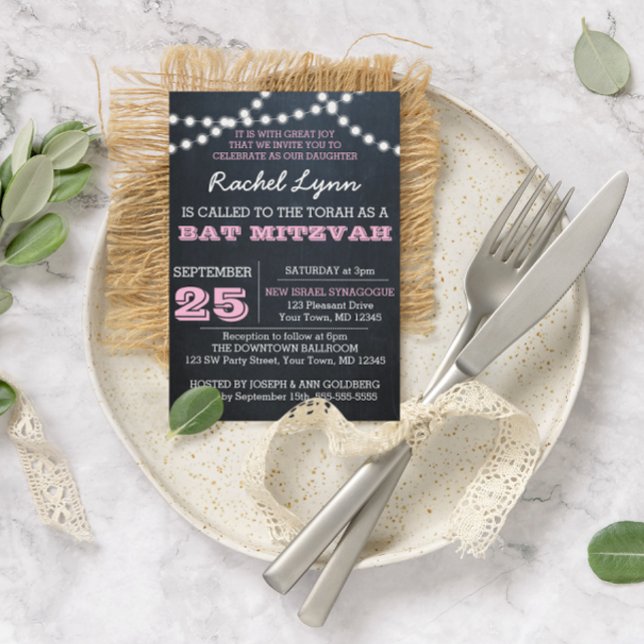 Chalkboard Luces Invitación de Bat Rosa Mitzvah (Subido por el creador)