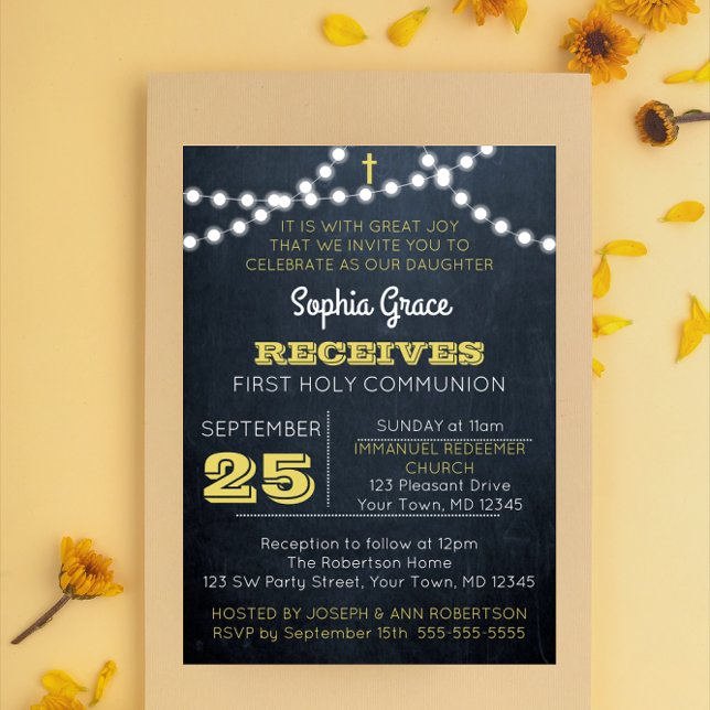 Chalkboard Luces Invitación de la primera comunión (Subido por el creador)