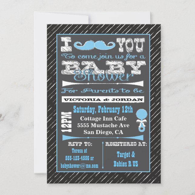 Chalkboard Mustache Boy Baby Shower Invitaciones (Anverso)