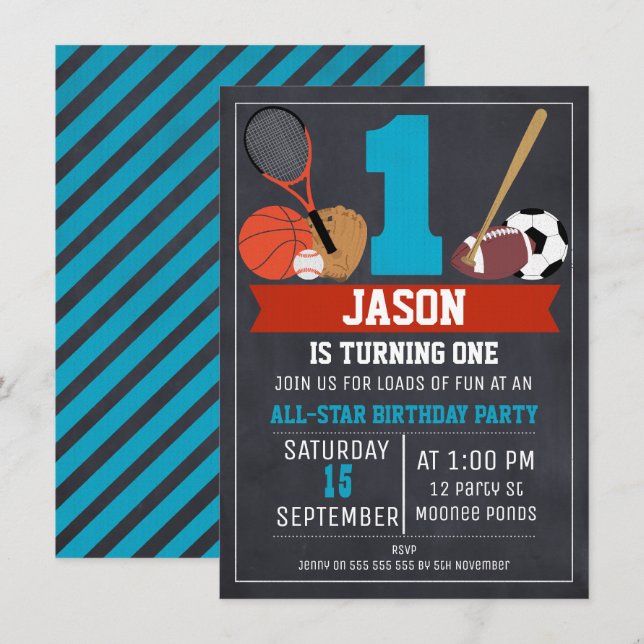 Chalkboard Sports 1º cumpleaños invitación a la fi (Anverso / Reverso)
