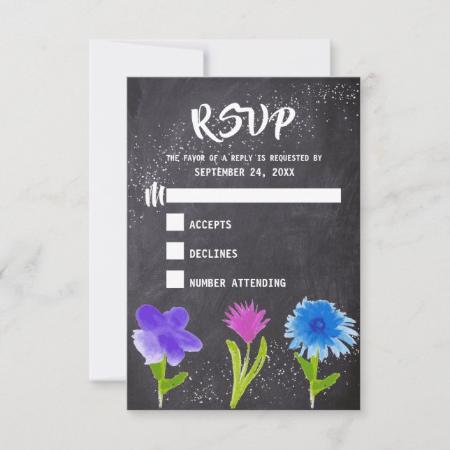 Chalkboard Watercolor Flower Wedding RSVP (Anverso)