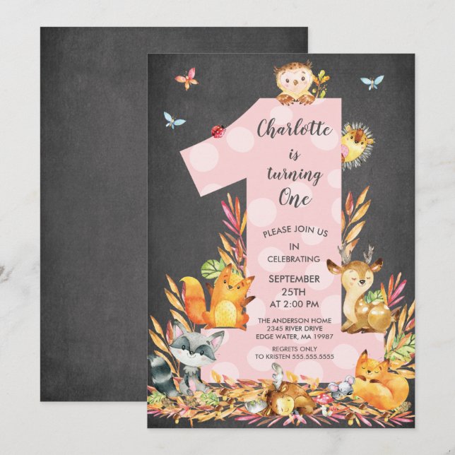 Chalkboard Woodland Un Chicas Invitación de cumple (Anverso / Reverso)