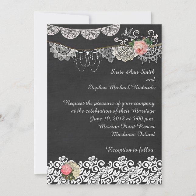 Chalkboard y Lace ShabbyChic Wedding Invitación (Anverso)