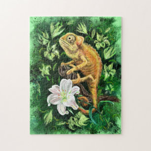Chameleon In Leaves Green Puzzle - Pintura