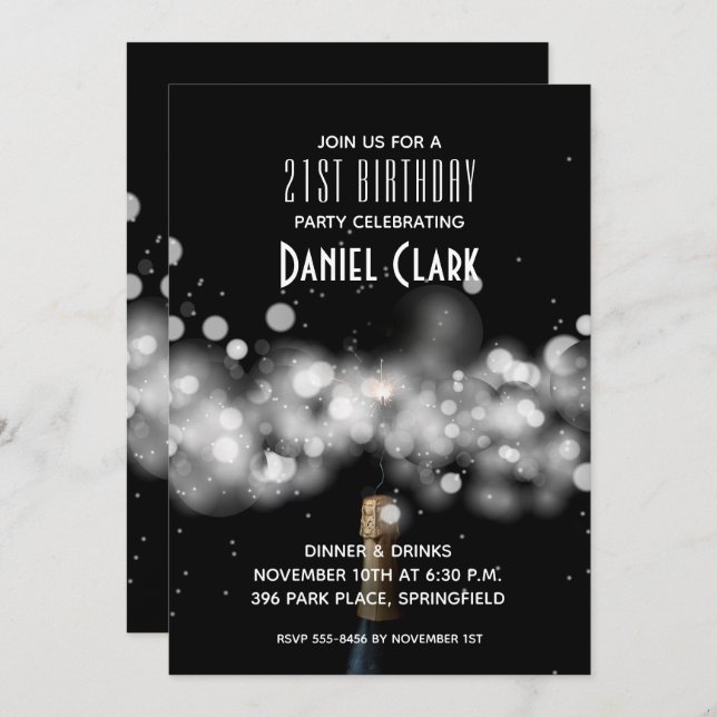 Champagne Sparkle 21st Birthday Party Invitation (Anverso / Reverso)