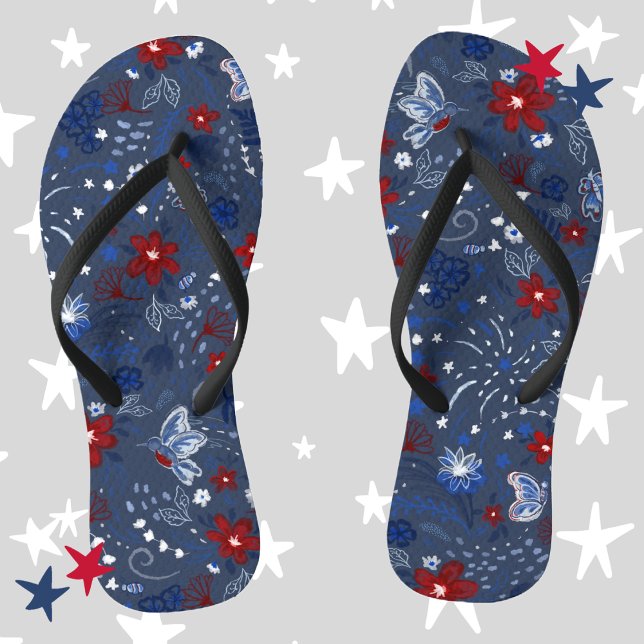 Chanclas 4 de julio, azul blanco rojo patriótico de la inde (4th of July, Independence Day, Red White and Blue, Floral, Flowers, Hummingbirds, Butterflies, Bees)