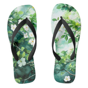 Chanclas Acuarela Botánica Flores Blancas Hojas Verdes