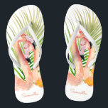 Chanclas Acuarela Flamencos rosados tropicales con tu nombr<br><div class="desc">Escape a un paraíso tropical con este único par de flamencos personalizados con un par de llamativos flamencos rosas y palmeras. Edite el nombre de ejemplo que se muestra en la plantilla de diseño tanto para el zapato izquierdo como para el derecho. Estos hacen maravillosos regalos para todas las ocasiones...</div>