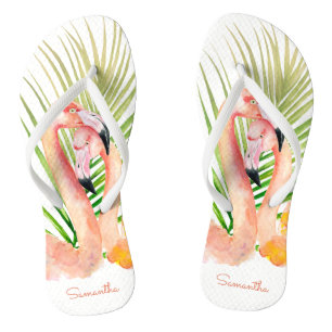 Chanclas Acuarela Flamencos rosados tropicales con tu nombr