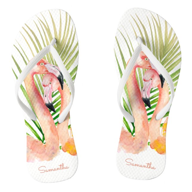 Chanclas Acuarela Flamencos rosados tropicales con tu nombr (Plantilla)