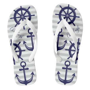 Chanclas Ancla azul marino náutico rueda de barco franja gr