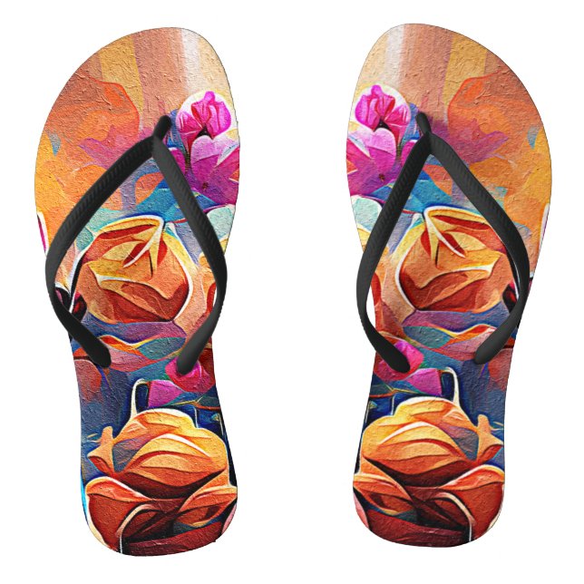 Chanclas Arte abstracto floral naranja rojo azul flores (Plantilla)