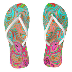 Chanclas Arte abstracto retro trippy naranja y aqua groovy