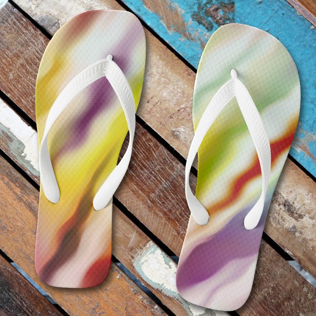 Chanclas Arte Moderno Resumen Las Olas Fluyen Flip Flops (Flip flops featuring a modern art painted wave pattern in vibrant colors.)