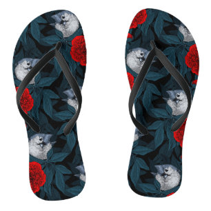 Chanclas Aves y flores de peón rojo con hojas azules