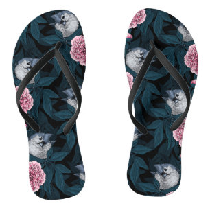 Chanclas Aves y flores de peón rosadas con hojas