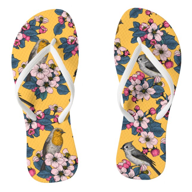 Chanclas Aves y flores en amarillo (Plantilla)