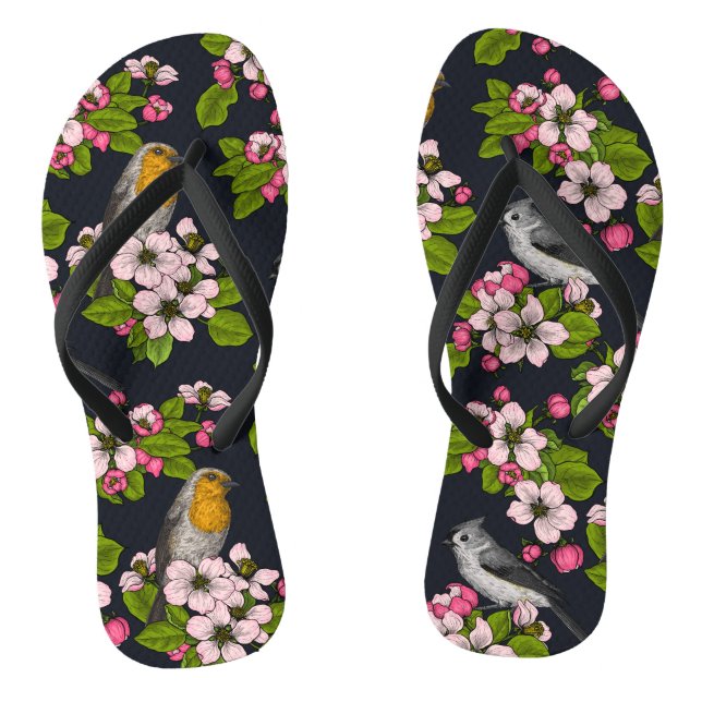 Chanclas Aves y flores en negro (Plantilla)