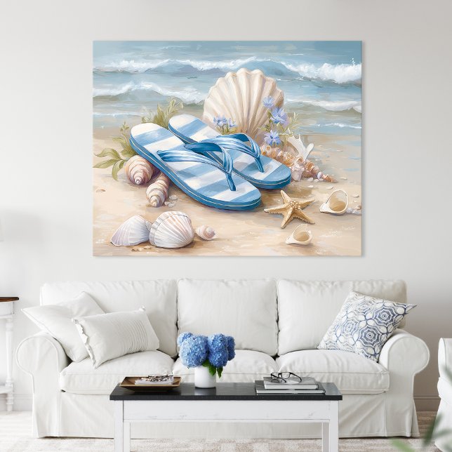 Chanclas Azules Conchas de Mar Arte de Playa Coste (Blue Flip Flops Seashells Coastal Beach Summer Art by TinkPrints.)