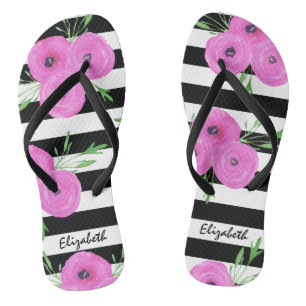 Chanclas Bandas blancas negras rosadas Ranunculus floral