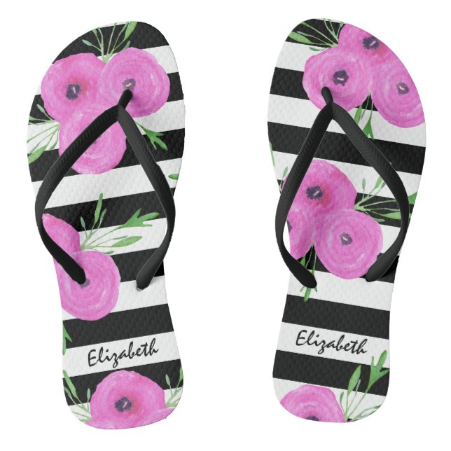 Chanclas Bandas blancas negras rosadas Ranunculus floral (Plantilla)