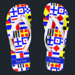 Chanclas Banderas de señalización náutica coloridas Nombre<br><div class="desc">Banderas de señalización náutica coloridas con etiqueta de cinta monogramo de nombre azul real Personalizar esto con su nombre, monograma u otro texto. También puede cambiar el tipo de letra, cambiar el tamaño del tipo de letra y el color del tipo de letra, mover el texto, agregar campos de texto...</div>