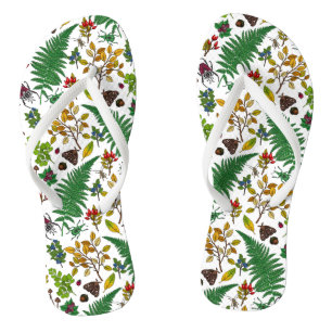 Chanclas Bayas forestales, hojas e insectos en blanco