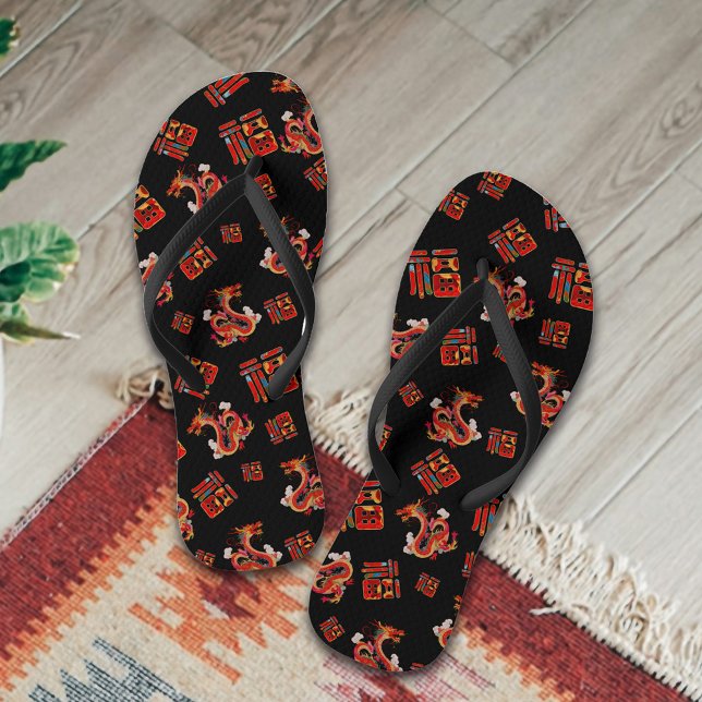 Chanclas Bendición del dragón de Año Nuevo chino rojo negro (Subido por el creador)