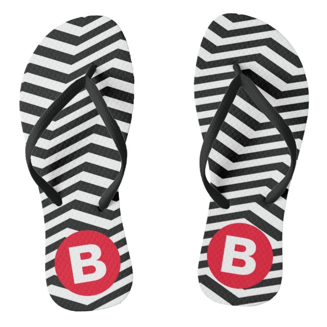 Chanclas Black and White Zig Zag Pattern Red Monogram (Plantilla)