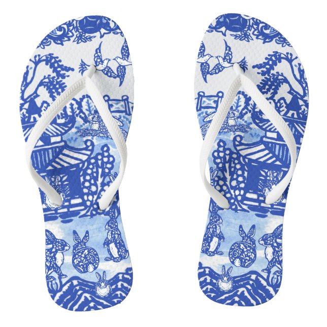 Chanclas Blue Willow Rabbit Oriental Garden Whimsical Bunny (Plantilla)
