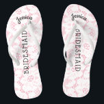 Chanclas Boda de playa para dama de honor | Encaje blanco f<br><div class="desc">Sandalias personalizadas de encaje floral romántico para la playa con chanclas - Estilo vintage falso, encaje floral blanco sobre fondo rosa femenino. El nombre de la dama de honor en la parte superior en estilo curvo y elegante, letras de script. Dama de honor impresa en el medio con letras modernas....</div>