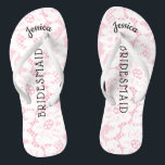 Chanclas Boda de playa para dama de honor | Encaje blanco f<br><div class="desc">Sandalias personalizadas de encaje floral romántico para la playa con chanclas - Estilo vintage falso, encaje floral blanco sobre fondo rosa femenino. El nombre de la dama de honor en la parte superior en estilo curvo y elegante, letras de script. Dama de honor impresa en el medio con letras modernas....</div>