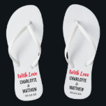 Chanclas Boda en la playa de verano de la tipografía modern<br><div class="desc">Estos modernos chanclas de tipografía son un divertido agradecimiento para cualquier pareja que tenga su boda durante el verano o una boda en la playa. Personaliza con los nombres de la novia y del novio y la fecha del boda. Puedes mantener el mensaje Con amor o crear tu propio mensaje...</div>
