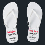 Chanclas Boda en la playa de verano de la tipografía modern<br><div class="desc">Estos modernos chanclas de tipografía son un divertido agradecimiento para cualquier pareja que tenga su boda durante el verano o una boda en la playa. Personaliza con los nombres de la novia y del novio y la fecha del boda. Puedes mantener el mensaje Con amor o crear tu propio mensaje...</div>